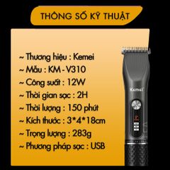 Tông đơ cắt tóc không dây Kemei KM-V310 màn hình LCD thông minh, 3 tốc độ cắt, có thể chấn viền tạo kiểu.. - hàng phân phối chính thức