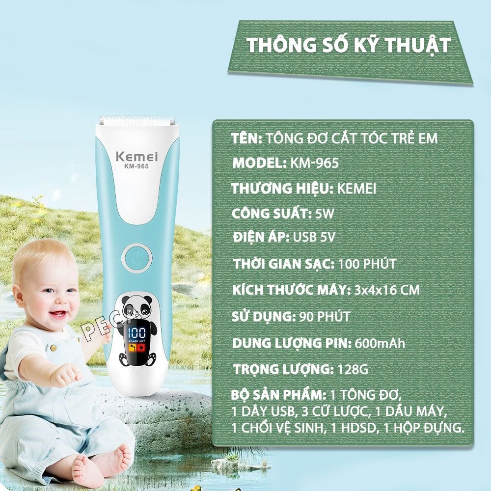 Tông đơ cắt tóc trẻ em Kemei KM-965 có thể cắt tóc, chấn viền cạo tóc dùng được cho trẻ sơ sinh - Bảo hành chính hãng 12 tháng