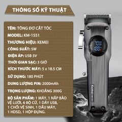 Tông đơ cắt tóc chuyên nghiệp Kemei KM-1551 công suất mạnh 5W màn hình LCD sạc nhanh USB type C tiện lợi - Chính hãng