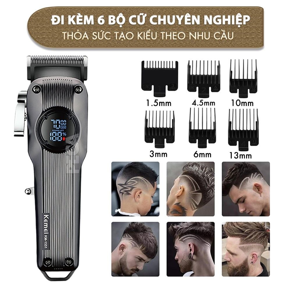 Tông đơ cắt tóc chuyên nghiệp Kemei KM-1551 công suất mạnh 5W màn hình LCD sạc nhanh USB type C tiện lợi - Chính hãng