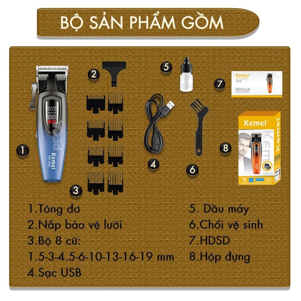 Tông đơ cắt tóc chuyên nghiệp Kemei KM-1686 lưỡi cắt mạ carbon công suất mạnh 5W tốc độ hoạt động lên đến 9000RPM- Hàng chính hãng