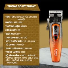 Tông đơ cắt tóc chuyên nghiệp Kemei KM-1686 lưỡi cắt mạ carbon công suất mạnh 5W tốc độ hoạt động lên đến 9000RPM- Hàng chính hãng