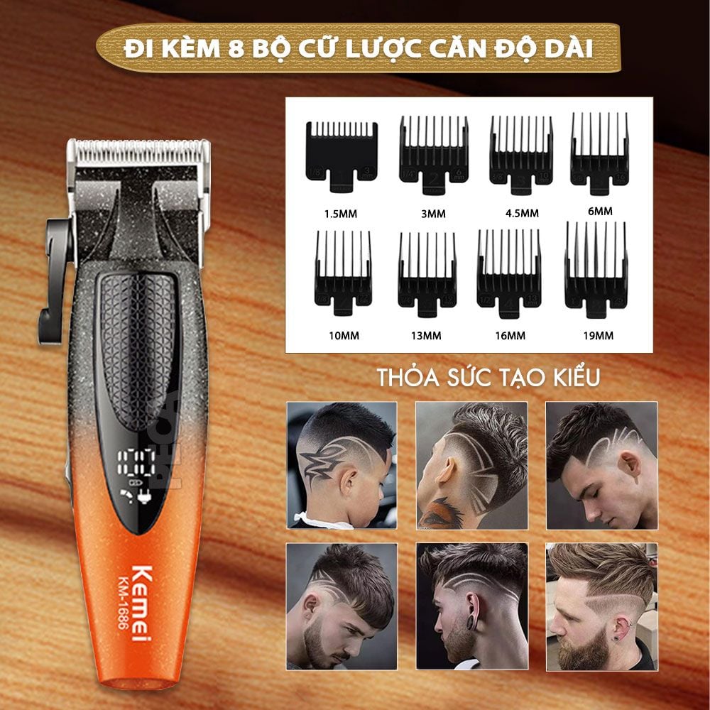 Tông đơ cắt tóc chuyên nghiệp Kemei KM-1686 lưỡi cắt mạ carbon công suất mạnh 5W tốc độ hoạt động lên đến 9000RPM- Hàng chính hãng