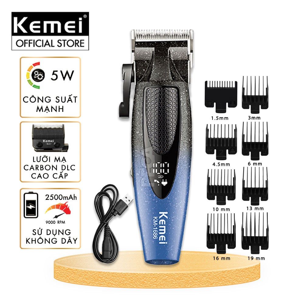 Tông đơ cắt tóc chuyên nghiệp Kemei KM-1686 lưỡi cắt mạ carbon công suất mạnh 5W tốc độ hoạt động lên đến 9000RPM- Hàng chính hãng
