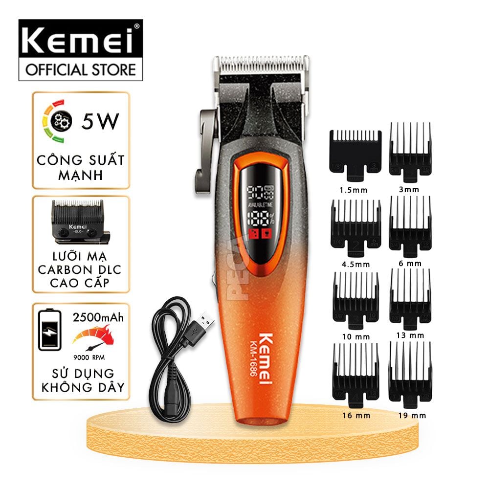 Tông đơ cắt tóc chuyên nghiệp Kemei KM-1686 lưỡi cắt mạ carbon công suất mạnh 5W tốc độ hoạt động lên đến 9000RPM- Hàng chính hãng