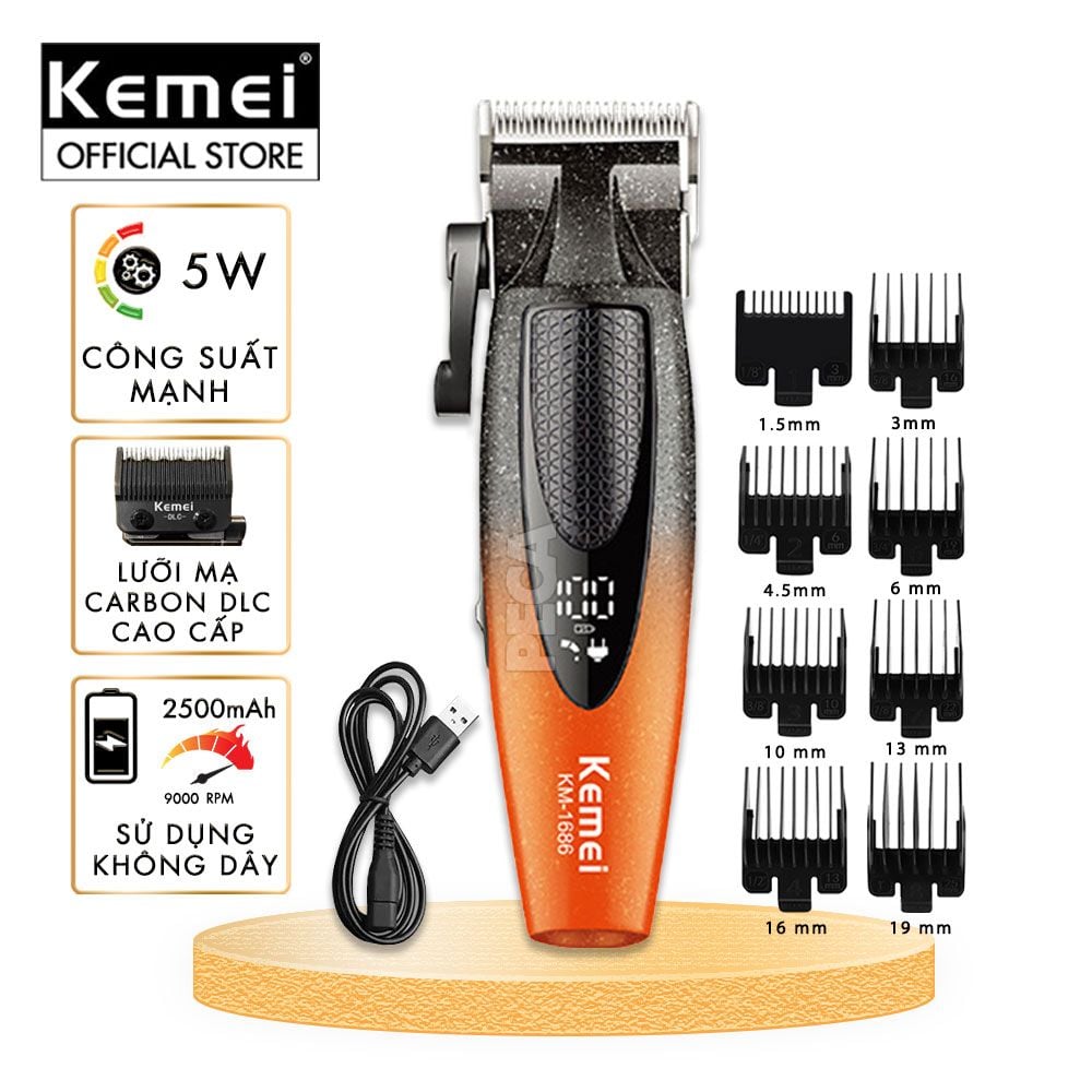 Tông đơ cắt tóc chuyên nghiệp Kemei KM-1686 lưỡi cắt mạ carbon công suất mạnh 5W tốc độ hoạt động lên đến 9000RPM- Hàng chính hãng