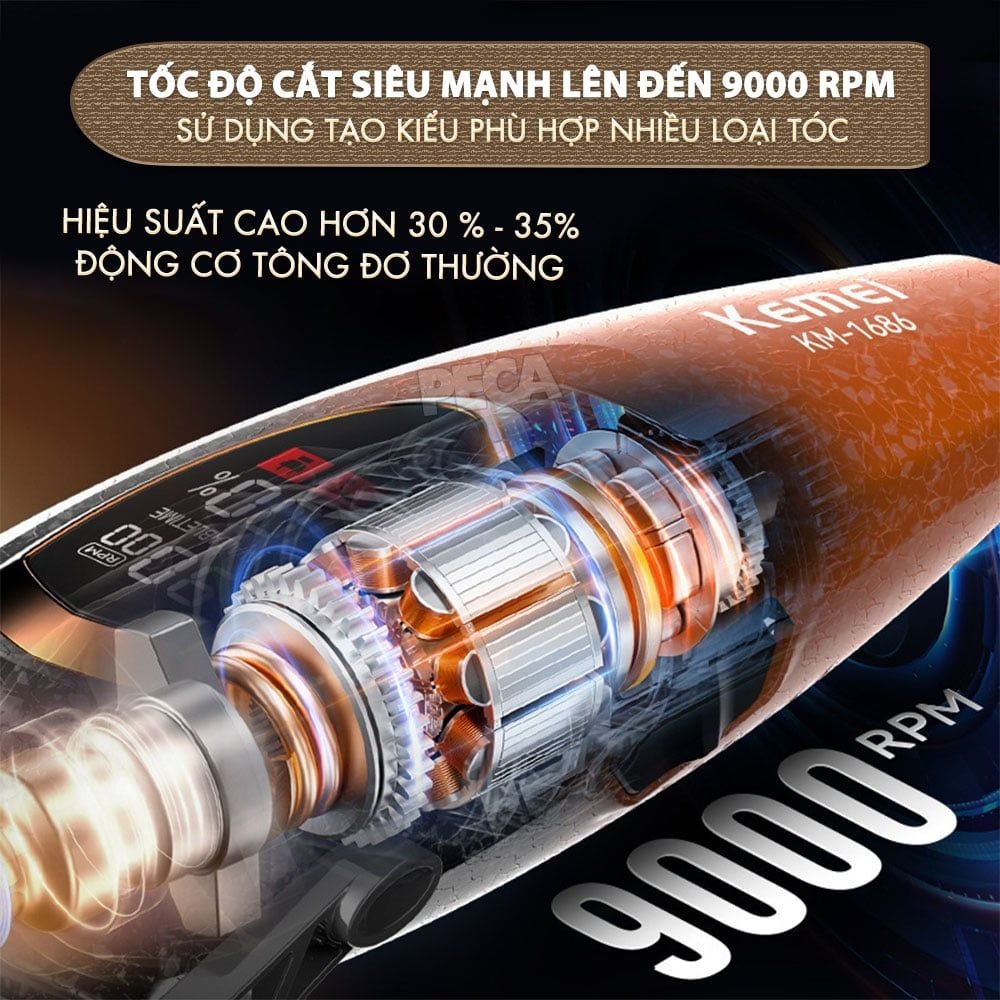Tông đơ cắt tóc chuyên nghiệp Kemei KM-1686 lưỡi cắt mạ carbon công suất mạnh 5W tốc độ hoạt động lên đến 9000RPM- Hàng chính hãng
