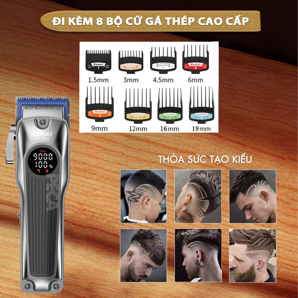Tông đơ cắt tóc chuyên nghiệp Kemei KM-1699 lưỡi cắt mạ carbon công suất 8W tốc độ cắt 9000RPM - Hàng chính hãng