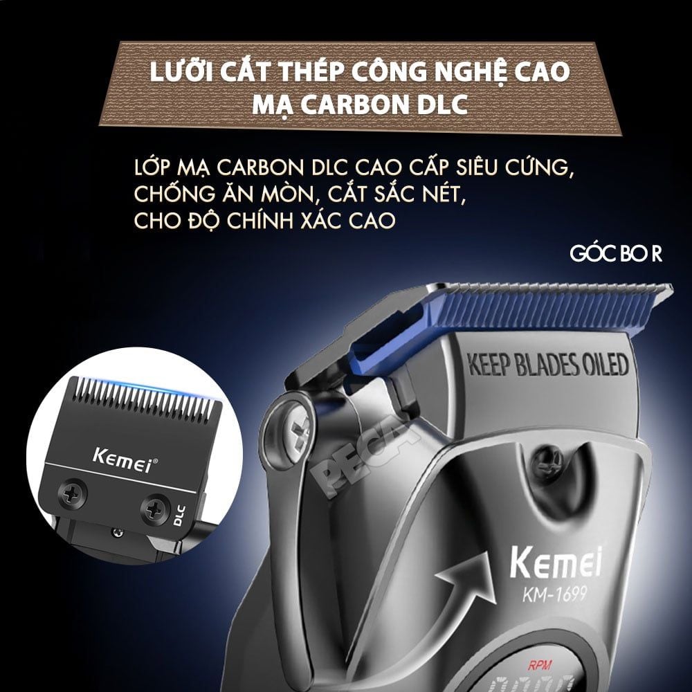 Tông đơ cắt tóc chuyên nghiệp Kemei KM-1699 lưỡi cắt mạ carbon công suất 8W tốc độ cắt 9000RPM - Hàng chính hãng