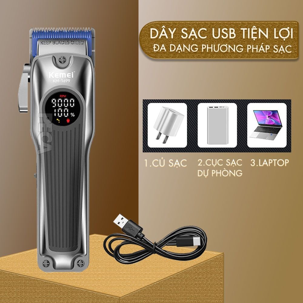 Tông đơ cắt tóc chuyên nghiệp Kemei KM-1699 lưỡi cắt mạ carbon công suất 8W tốc độ cắt 9000RPM - Hàng chính hãng