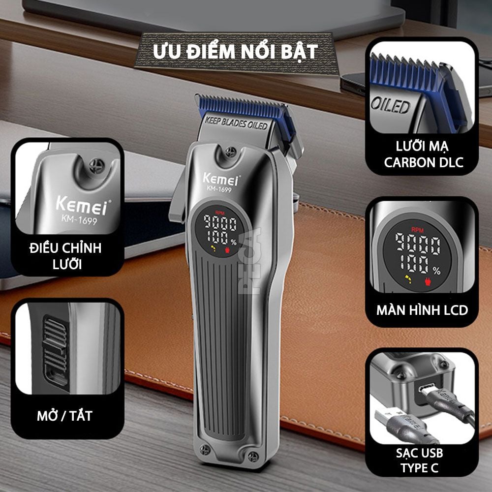 Tông đơ cắt tóc chuyên nghiệp Kemei KM-1699 lưỡi cắt mạ carbon công suất 8W tốc độ cắt 9000RPM - Hàng chính hãng
