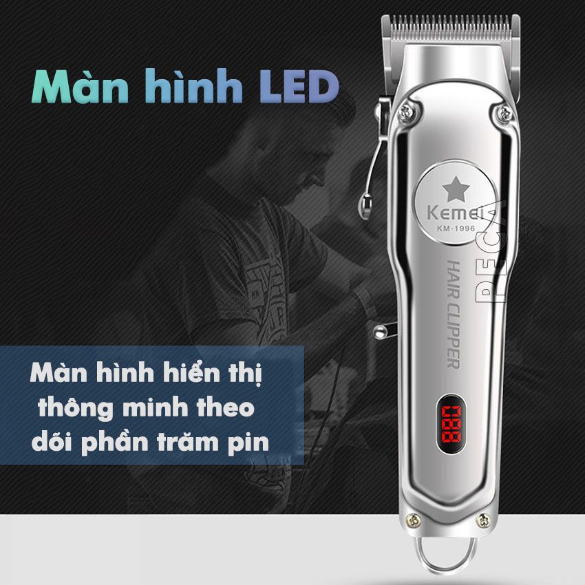 Tông đơ cắt tóc chuyên nghiệp màn hình LCD KEMEI KM-1996 hợp kim nhôm hàng không cao cấp lưỡi thép không gỉ pin trâu