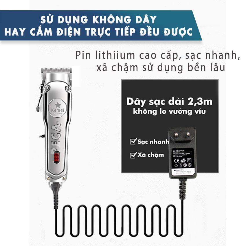 Tông đơ cắt tóc chuyên nghiệp màn hình LCD KEMEI KM-1996 hợp kim nhôm hàng không cao cấp lưỡi thép không gỉ pin trâu 3