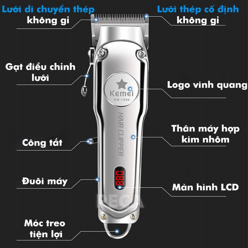 Tông đơ cắt tóc chuyên nghiệp màn hình LCD KEMEI KM-1996 hợp kim nhôm hàng không cao cấp lưỡi thép không gỉ pin trâu