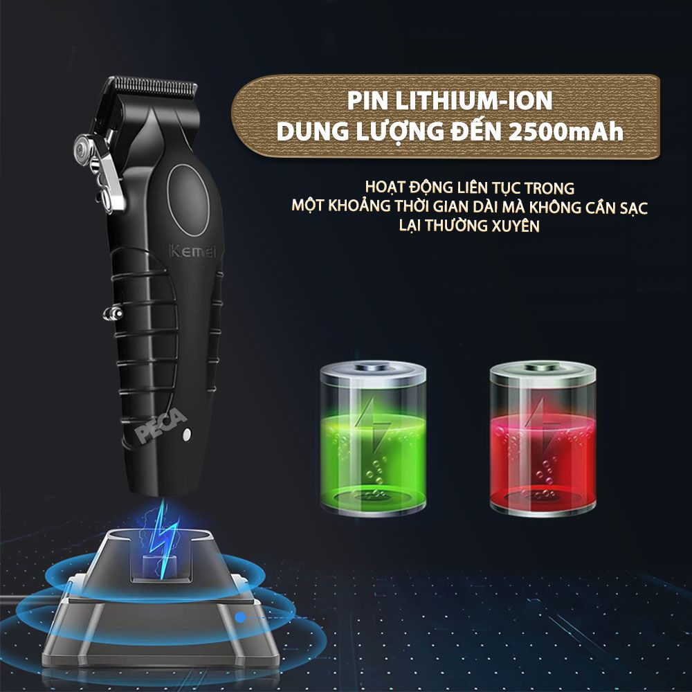Tông đơ cắt tóc chuyên nghiệp Kemei KM-2296 lưỡi cắt mạ carbon công suất mạnh mẽ 5W pin khỏe lithium - Chính hãng