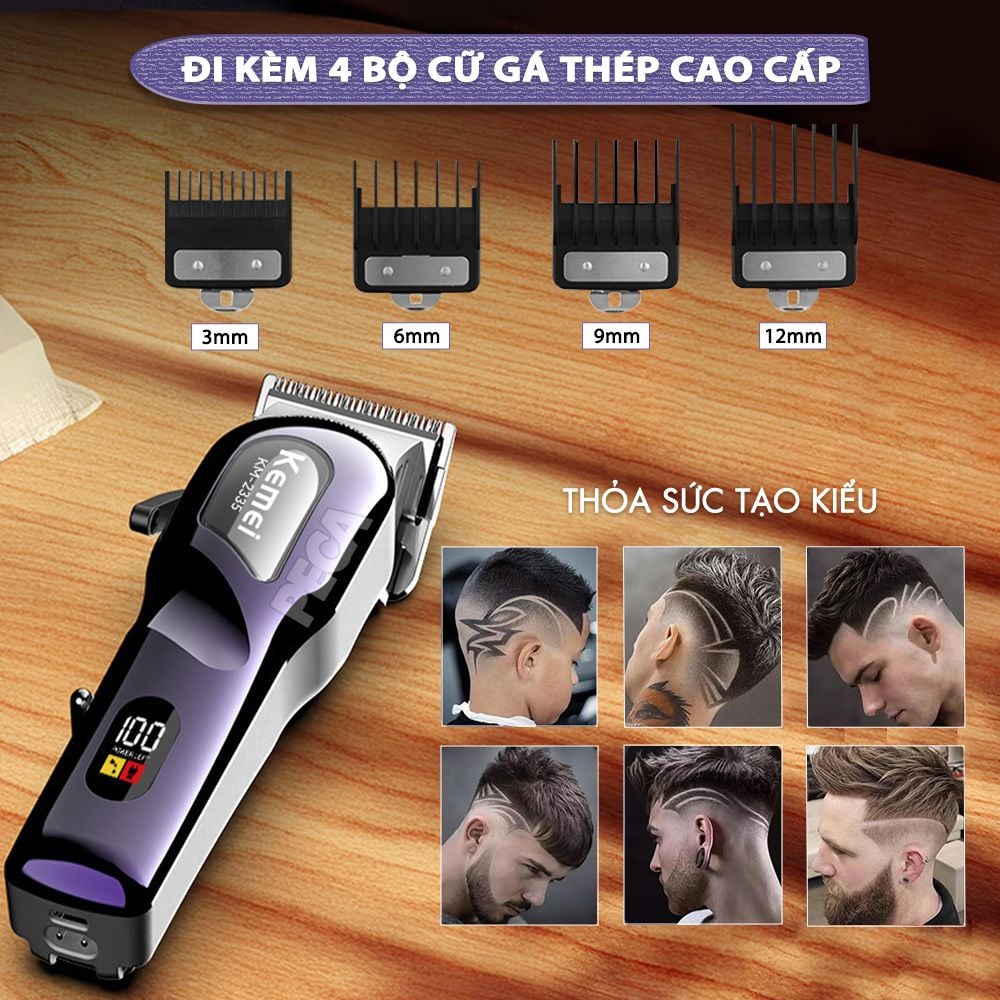 Tông đơ cắt tóc chuyên nghiệp Kemei KM-2335 công suất siêu mạnh 7,5W màn hình LCD sạc nhanh USB type C tiện lợi - Chính hãng
