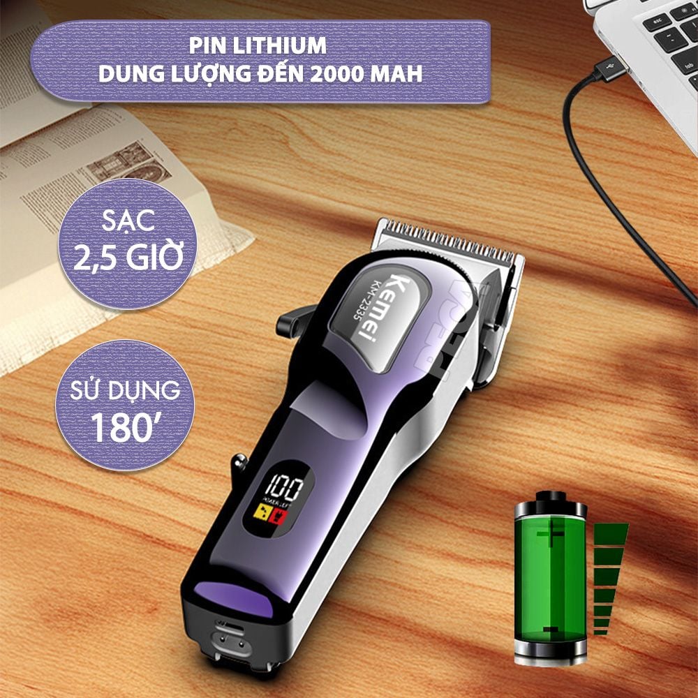 Tông đơ cắt tóc chuyên nghiệp Kemei KM-2335 công suất siêu mạnh 7,5W màn hình LCD sạc nhanh USB type C tiện lợi - Chính hãng