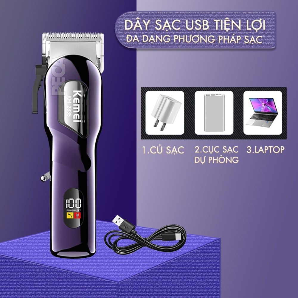 Tông đơ cắt tóc chuyên nghiệp Kemei KM-2335 công suất siêu mạnh 7,5W màn hình LCD sạc nhanh USB type C tiện lợi - Chính hãng