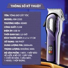 Tông đơ cắt tóc chuyên nghiệp Kemei KM-2335 công suất siêu mạnh 7,5W màn hình LCD sạc nhanh USB type C tiện lợi - Chính hãng