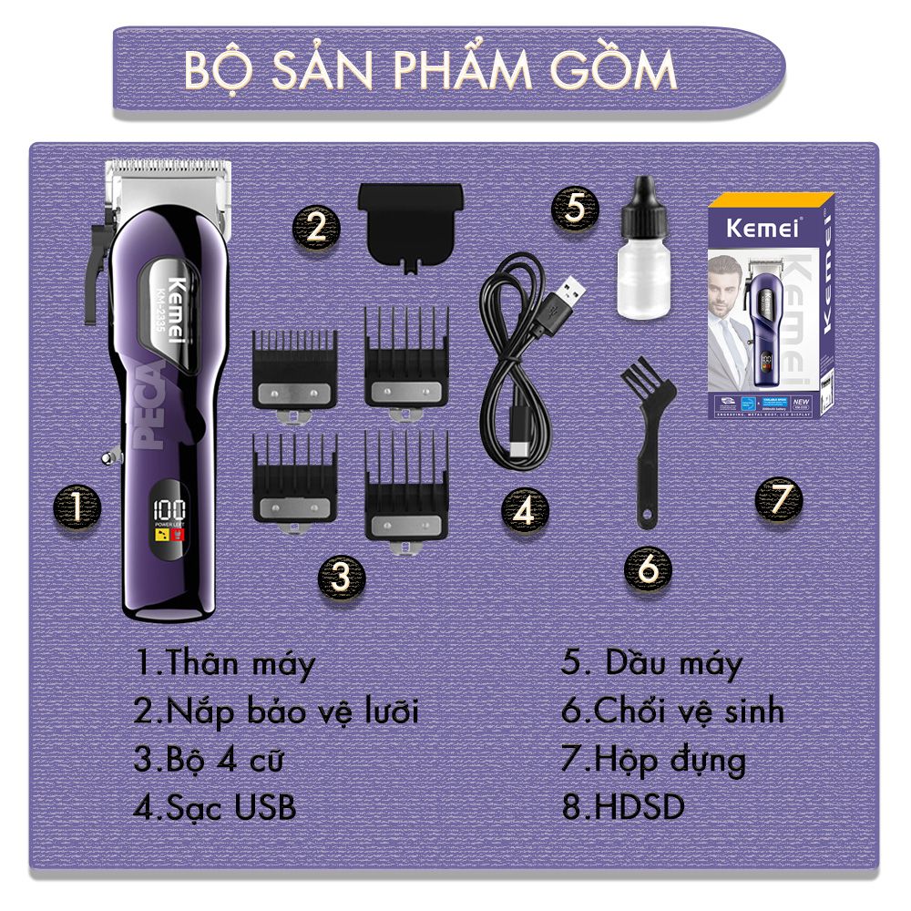 Tông đơ cắt tóc chuyên nghiệp Kemei KM-2335 công suất siêu mạnh 7,5W màn hình LCD sạc nhanh USB type C tiện lợi - Chính hãng