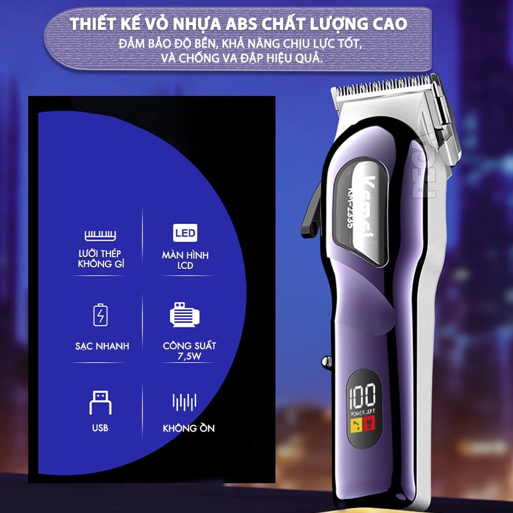 Tông đơ cắt tóc chuyên nghiệp Kemei KM-2335 công suất siêu mạnh 7,5W màn hình LCD sạc nhanh USB type C tiện lợi - Chính hãng
