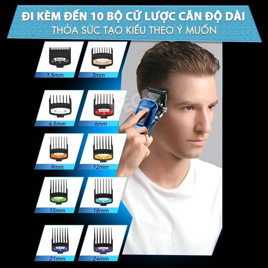 Tông đơ cắt tóc chuyên nghiệp Kemei KM-2796 lưỡi cắt mạ carbon DLC cao cấp có động cơ không chổi than màn hình LCD hiển thị công suất 10W - Tặng kèm lưỡi thay - Chính hãng