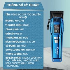 Tông đơ cắt tóc chuyên nghiệp Kemei KM-2796 lưỡi cắt mạ carbon DLC cao cấp có động cơ không chổi than màn hình LCD hiển thị công suất 10W - Tặng kèm lưỡi thay - Chính hãng
