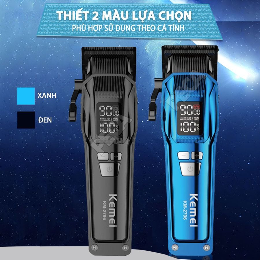 Tông đơ cắt tóc chuyên nghiệp Kemei KM-2796 lưỡi cắt mạ carbon DLC cao cấp có động cơ không chổi than màn hình LCD hiển thị công suất 10W - Tặng kèm lưỡi thay - Chính hãng