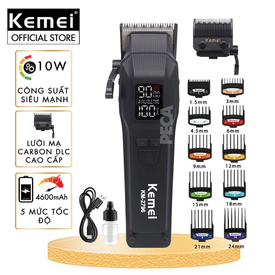 Tông đơ cắt tóc chuyên nghiệp Kemei KM-2796 lưỡi cắt mạ carbon DLC cao cấp có động cơ không chổi than màn hình LCD hiển thị công suất 10W - Tặng kèm lưỡi thay - Chính hãng
