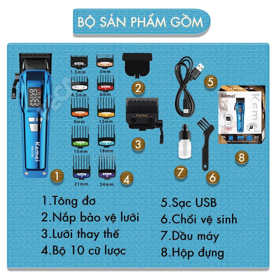 Tông đơ cắt tóc chuyên nghiệp Kemei KM-2796 lưỡi cắt mạ carbon DLC cao cấp có động cơ không chổi than màn hình LCD hiển thị công suất 10W - Tặng kèm lưỡi thay - Chính hãng