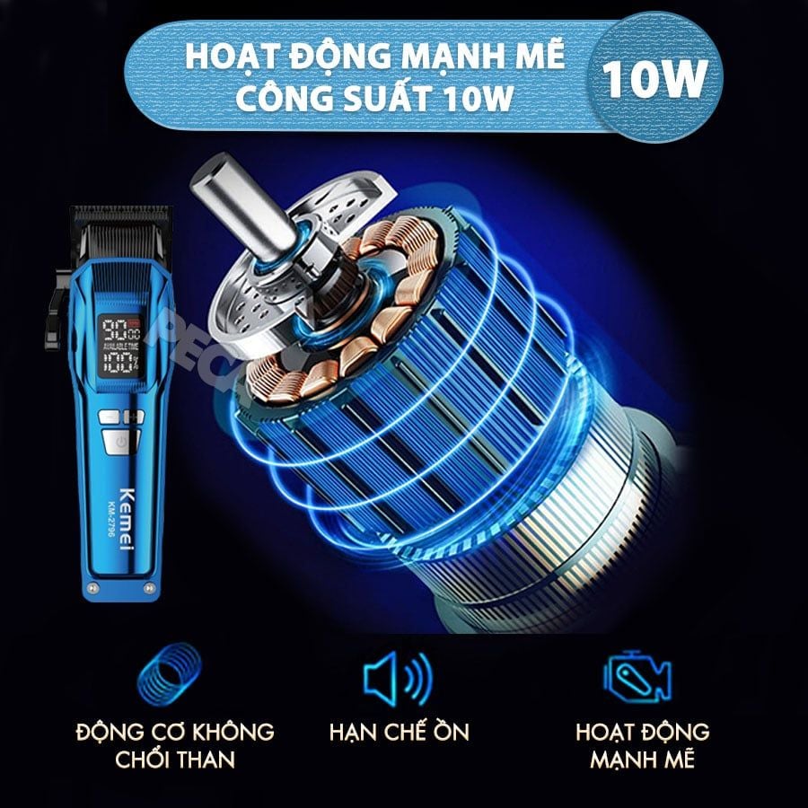 Tông đơ cắt tóc chuyên nghiệp Kemei KM-2796 lưỡi cắt mạ carbon DLC cao cấp có động cơ không chổi than màn hình LCD hiển thị công suất 10W - Tặng kèm lưỡi thay - Chính hãng