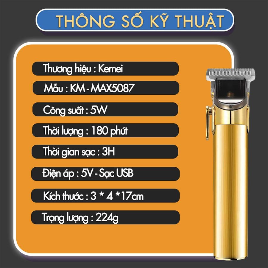 Tông đơ cắt tóc chuyên nghiệp KEMEI KM-MAX5087 / KM-5087 thiết kế cá tính baber công suất mạnh 5W mạnh mẽ