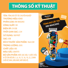 Tông đơ cắt tóc không dây chuyên nghiệp Kemei KM-MAX2092 kèm phụ kiện đầy đủ