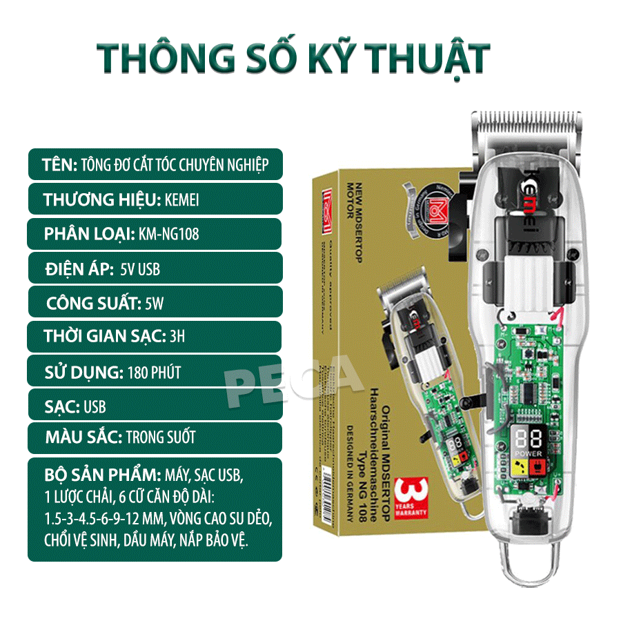 Tông đơ cắt tóc chuyên nghiệp Kemei KM-NG108 màn hình LCD hiển thị phiên bản thấy mạch - Hàng chính hãng