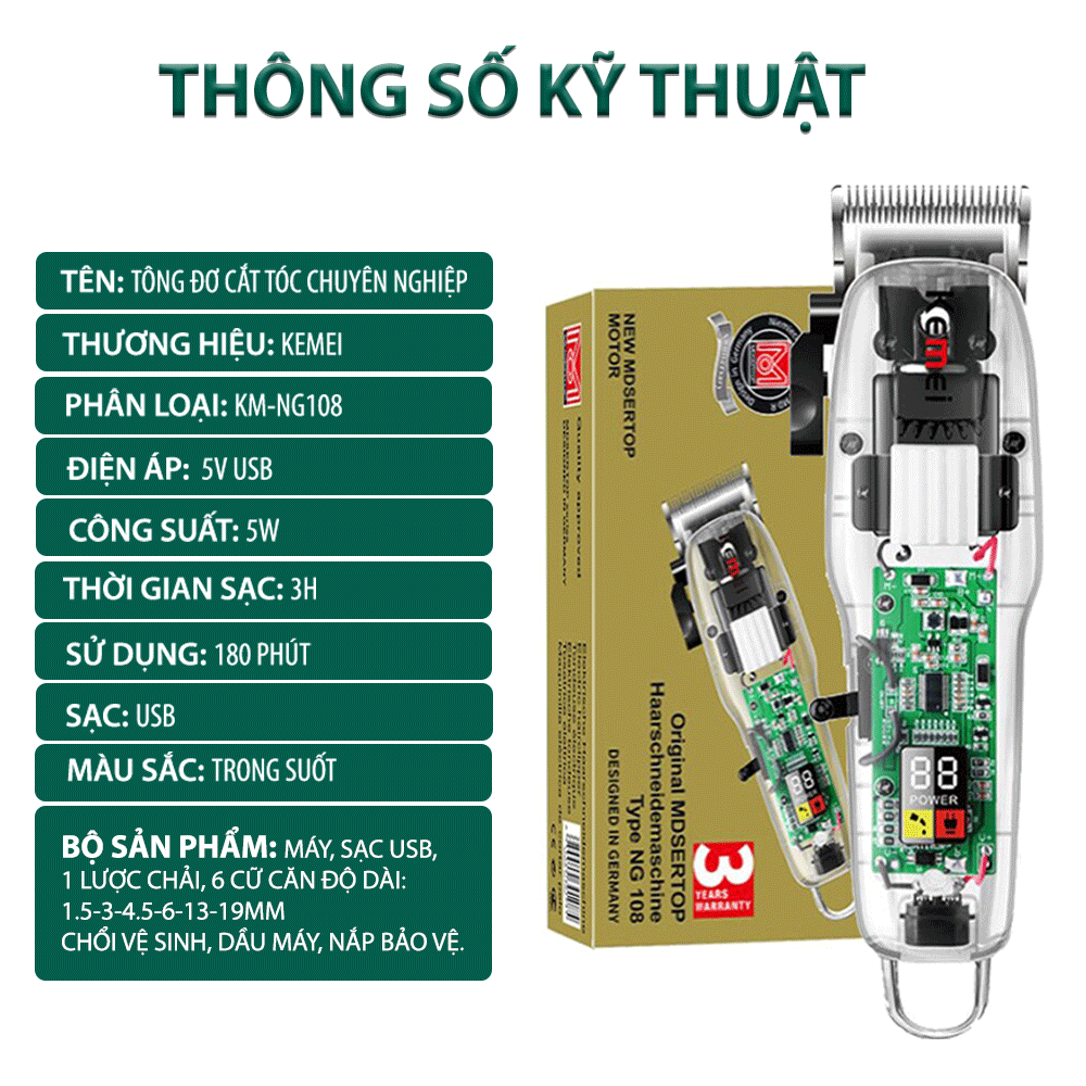 Tông đơ cắt tóc chuyên nghiệp Kemei KM-NG108 màn hình LCD hiển thị phiên bản thấy mạch - Hàng chính hãng