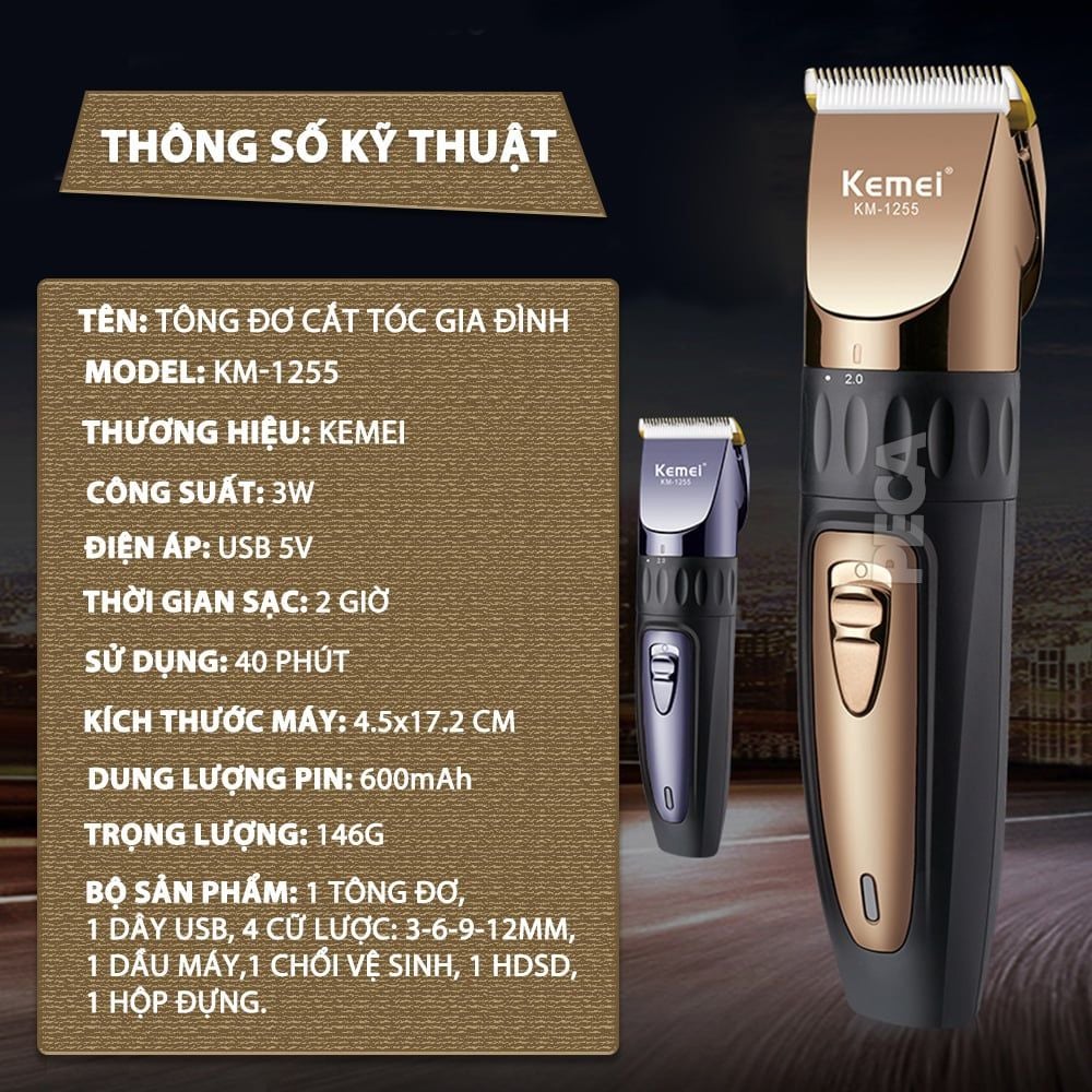 Tông đơ cắt tóc không dây Kemei KM-1255 dùng cho cá nhân và gia đình - Hàng chính hãng