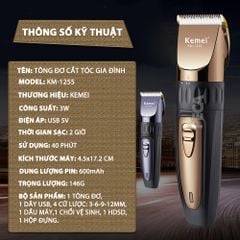 Tông đơ cắt tóc không dây Kemei KM-1255 dùng cho cá nhân và gia đình - Hàng chính hãng