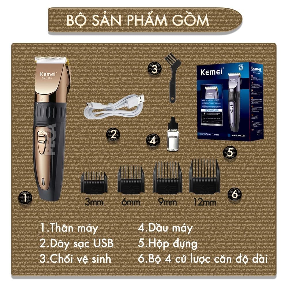 Tông đơ cắt tóc không dây Kemei KM-1255 dùng cho cá nhân và gia đình - Hàng chính hãng