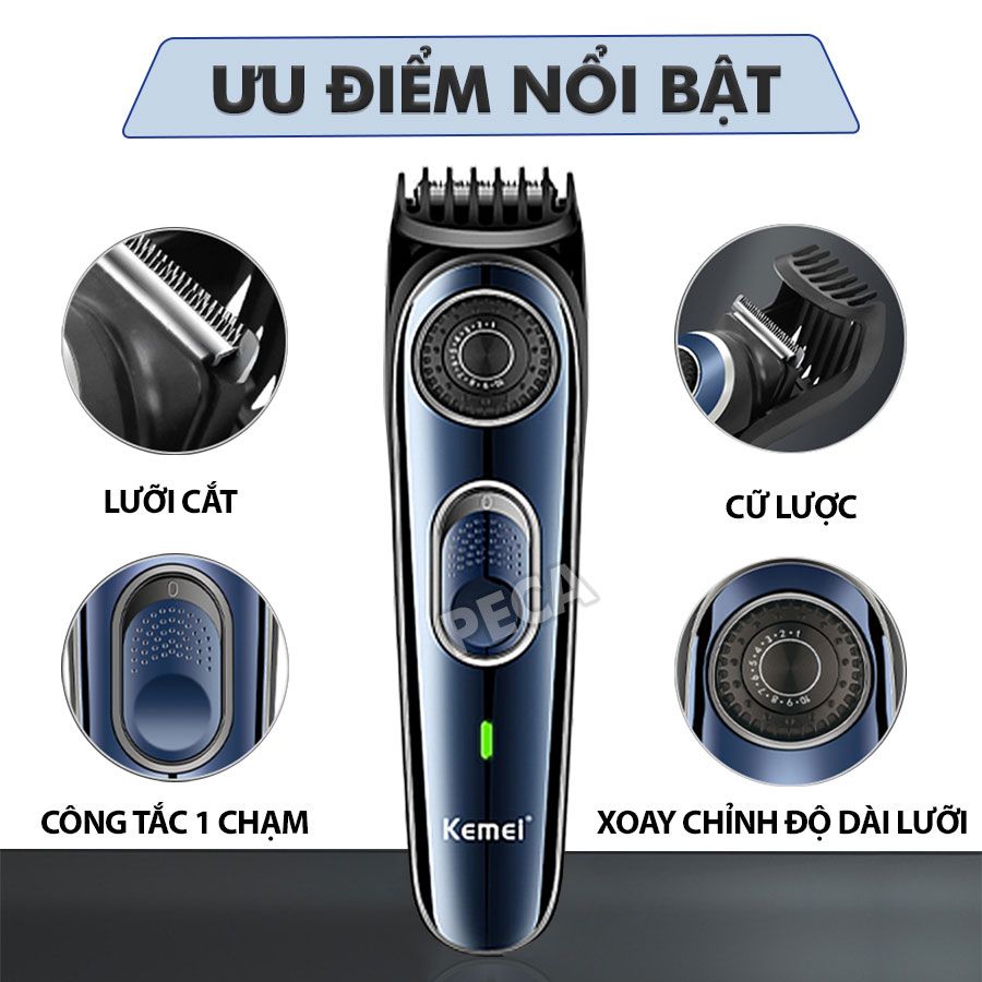 Tông đơ cắt tóc trẻ em Kemei KM-1256 cữ căn độ dài tóc điều chỉnh 10 mức, sạc USB dùng cho người mới tập cắt tóc - Hàng chính hãng