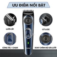 Tông đơ cắt tóc gia đình Kemei KM-1256 cữ căn độ dài tóc điều chỉnh 10 mức, sạc nhanh USB cắt tóc được cho trẻ em - Hàng chính hãng