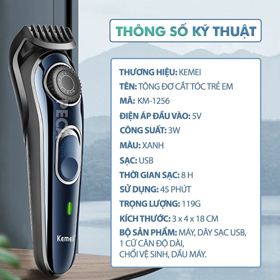 Tông đơ cắt tóc trẻ em Kemei KM-1256 cữ căn độ dài tóc điều chỉnh 10 mức, sạc USB dùng cho người mới tập cắt tóc - Hàng chính hãng