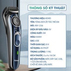 Tông đơ cắt tóc trẻ em Kemei KM-1256 cữ căn độ dài tóc điều chỉnh 10 mức, sạc USB dùng cho người mới tập cắt tóc - Hàng chính hãng