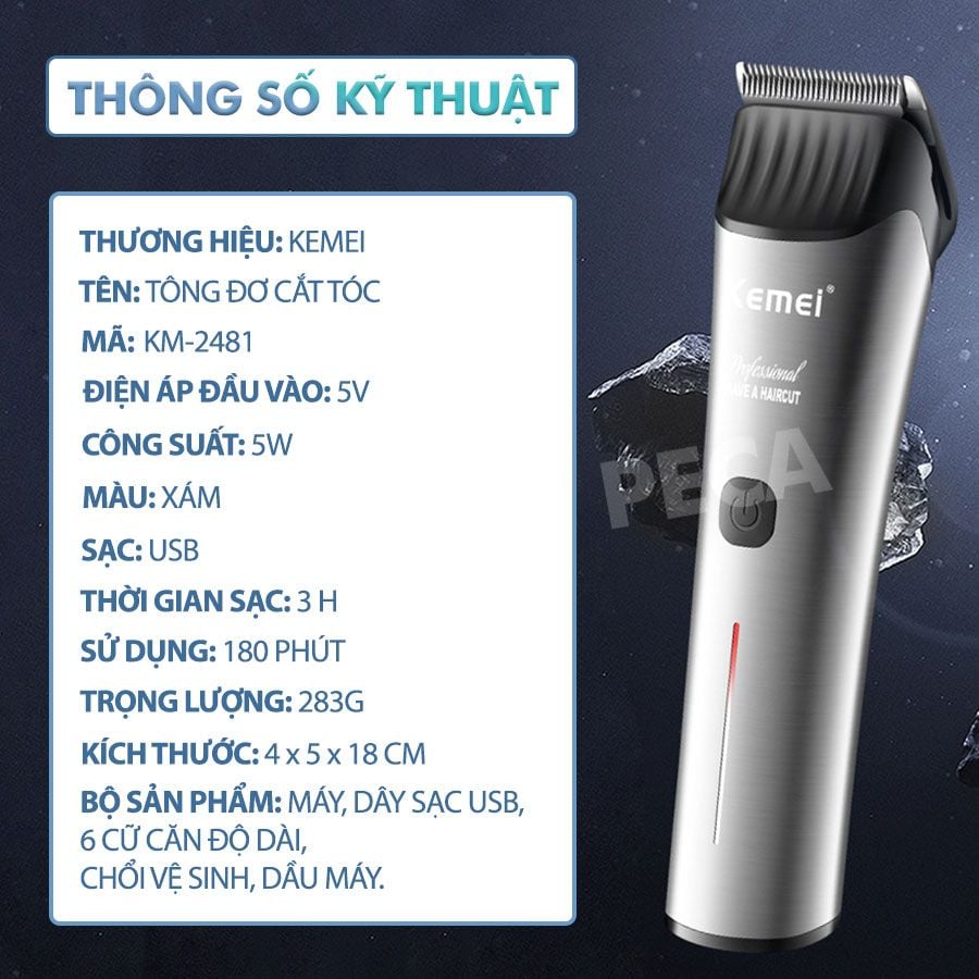 Tông đơ cắt tóc chuyên nghiệp Kemei KM-2481 sạc nhanh USB Type C công suất mạnh có thể dùng cạo đầu, fade tóc sử thích hợp cắt tóc trẻ em người lớn tiệm tóc, baber shop - Hàng chính hãng