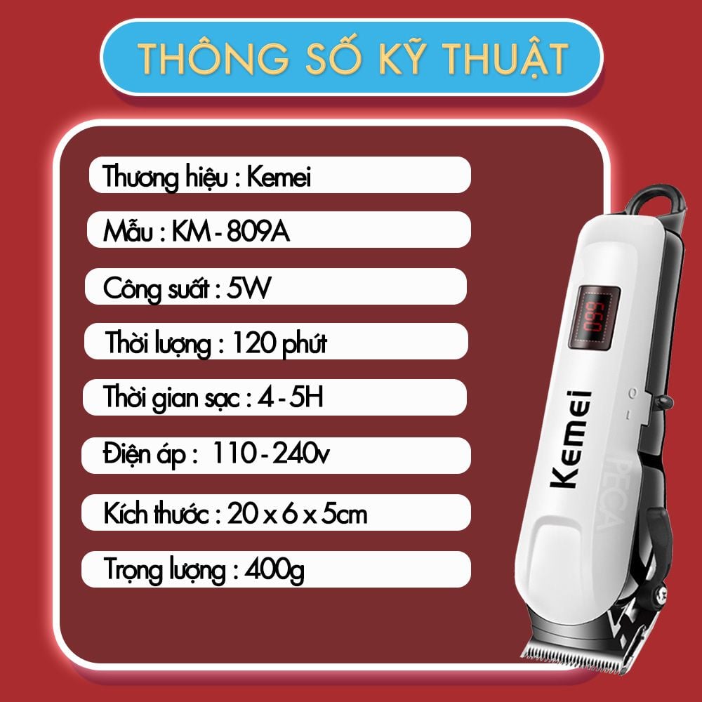 Tông đơ cắt tóc không dây KEMEI KM-809A chuyên nghiệp màn hình LCD hiển thị pin, cắt được lông cho thú cưng, chó, mèo