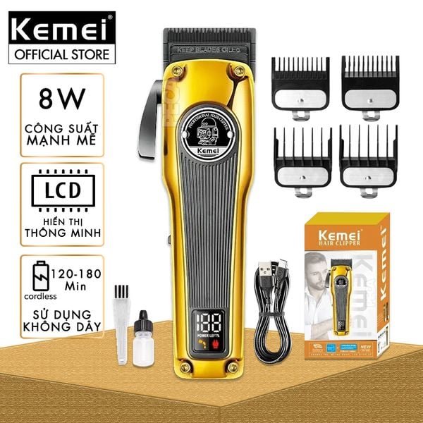 Tông đơ cắt tóc chuyên nghiệp Kemei KM-1825 lưỡi cắt mạ carbon DLC cao cấp có động cơ không chổi than màn hình LCD hiển thị công suất 8W