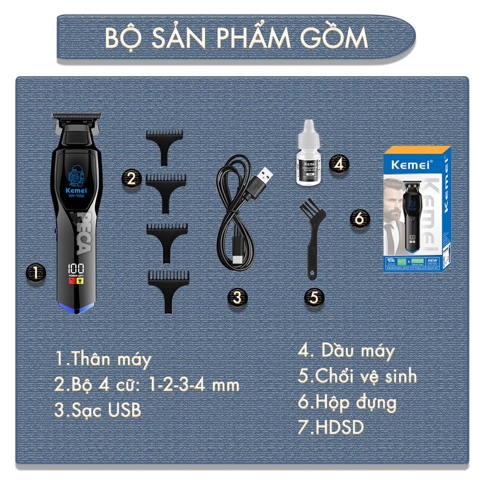 Tông đơ chấn viền Kemei KM-1556 lưỡi cắt mạ carbon cao cấp công suất 5W - Chính hãng