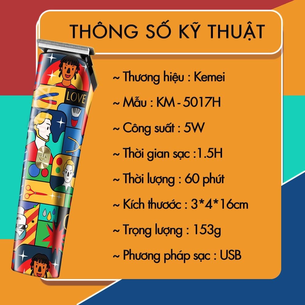 Tông đơ chấn viền không dây Kemei KM-5017H công suất 5w dùng cạo đầu, cạo trắng chân tóc, điêu khắc tattoo tóc