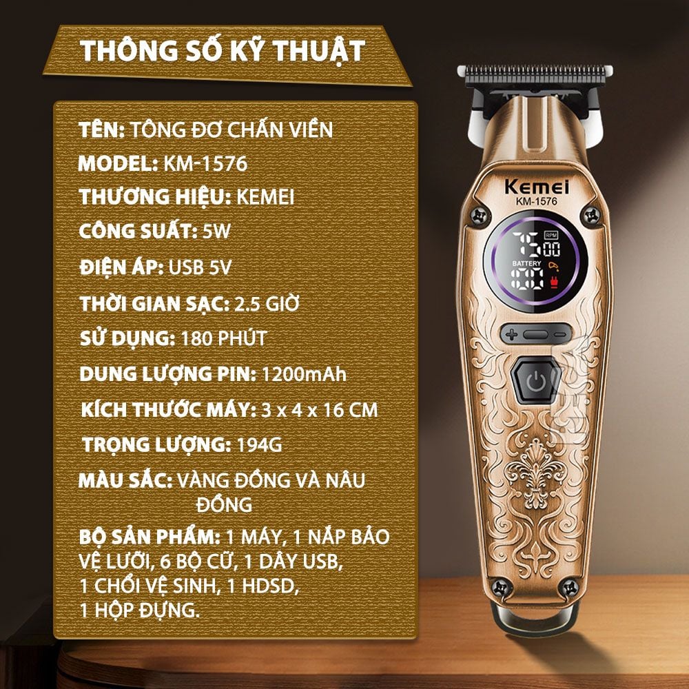 Tông đơ chấn viền Kemei KM-1576 lưỡi cắt mạ carbon cao cấp công suất 5W, điều chỉnh 3 mức tốc độ - Chính hãng