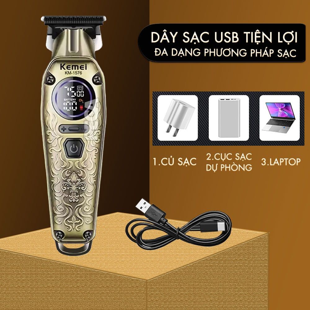 Tông đơ chấn viền Kemei KM-1576 lưỡi cắt mạ carbon cao cấp công suất 5W, điều chỉnh 3 mức tốc độ - Chính hãng