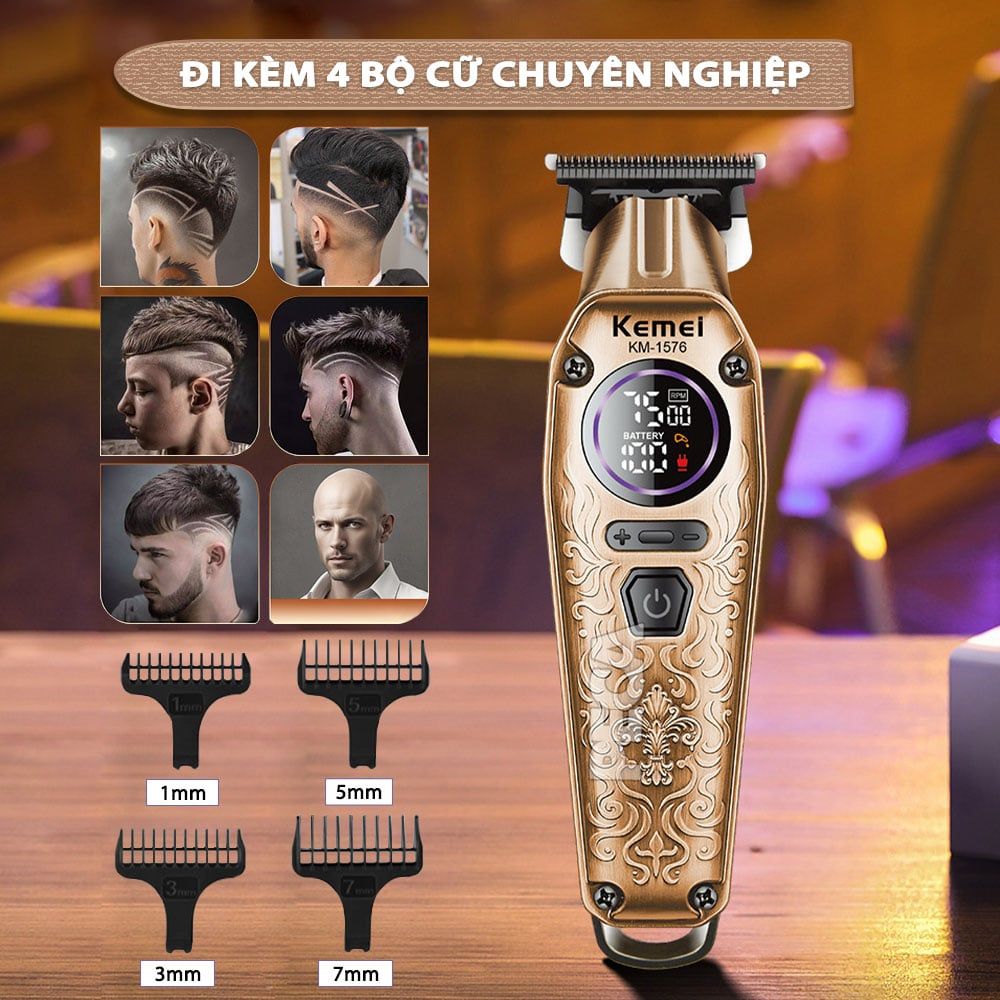 Tông đơ chấn viền Kemei KM-1576 lưỡi cắt mạ carbon cao cấp công suất 5W, điều chỉnh 3 mức tốc độ - Chính hãng